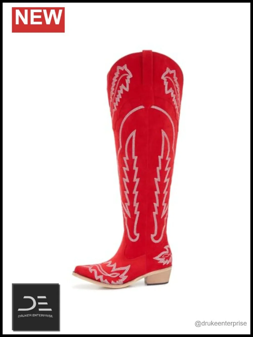 Over the Knee Western Cowboy Boots Wide Calf Plus Size Low Heel Snip Toe